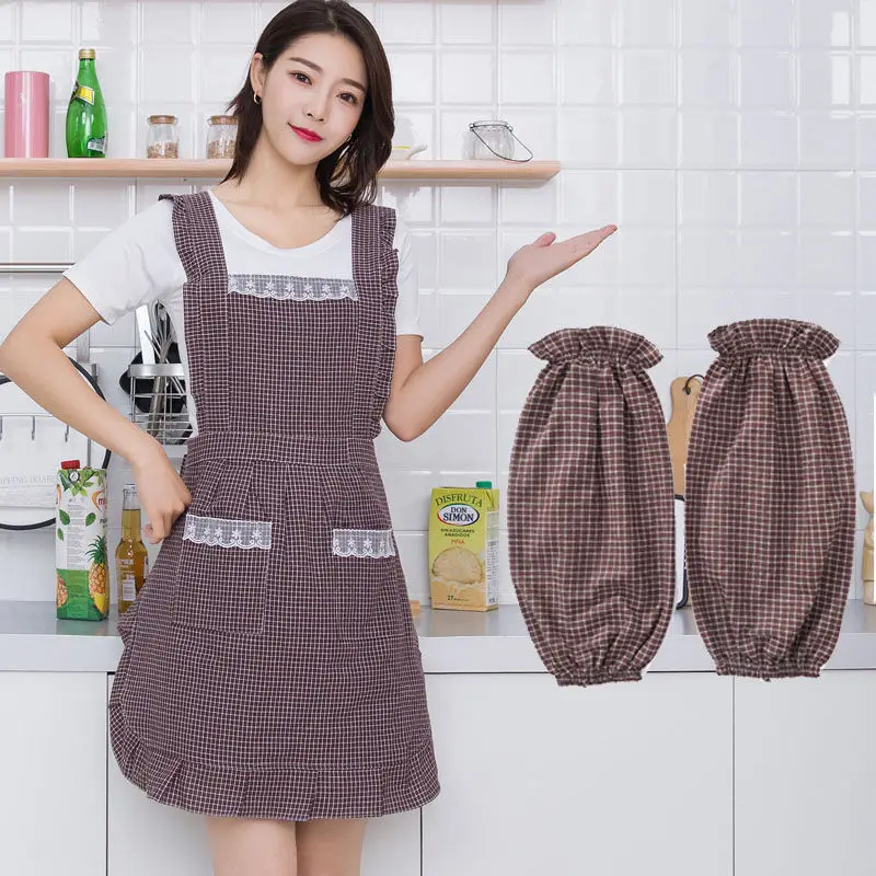 

waterproof oil proof apron female home work cotton lattice cute strap Korean fashion kitchen cooking restaurant coverall female