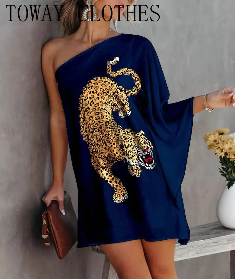 Женское платье на одно плечо, разноцветное Повседневное платье с принтом тигра гепарда, 2022