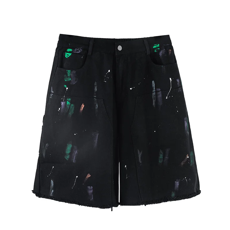 

Шорты Jeasn мужские с бахромой и брызгами черные, уличная одежда в стиле хип-хоп, Свободные повседневные джинсовые штаны с пятиконечными граффити с эластичным поясом, на лето