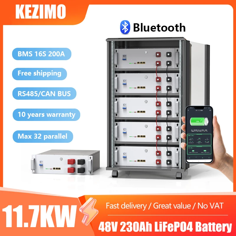 

48V 230AH LiFePO4 Battery Bluetooth 51.2V 11KW Lithium Battery 6000+ Cycle 16S 200A BMS RS485/CAN Bus For Solar Inverter NO TAX