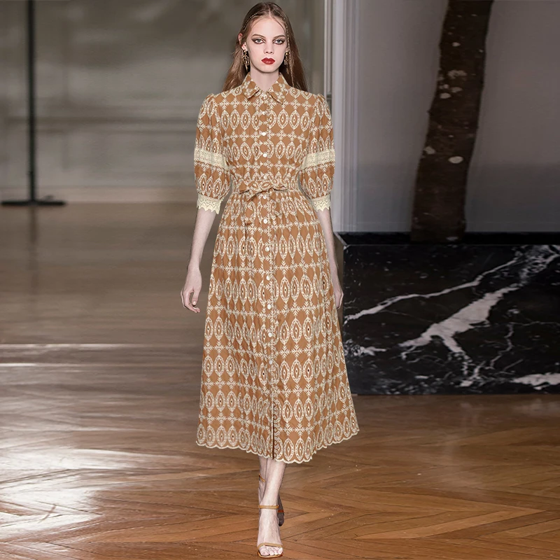 

Женское однобортное платье с поясом, элегантное подиумное винтажное платье с отложным воротником и рукавами-фонариками и вышивкой, осень ...