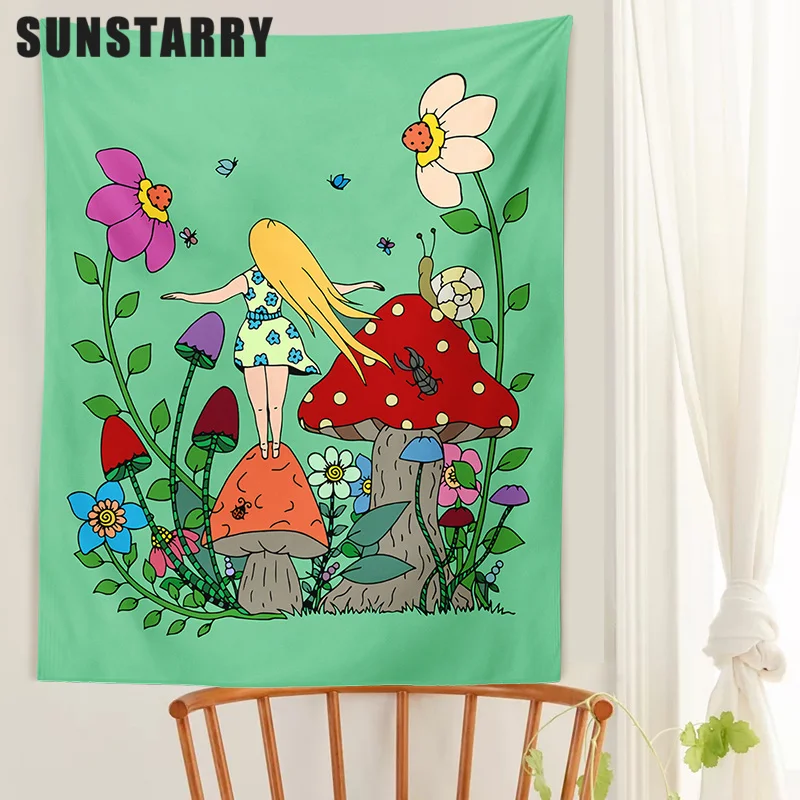 

Mushroom Girl Tapestry Wall Hanging Botanical Celestial Floral Tapestries Cartoon Background Bohemian Wall Art Dorm Decor Print