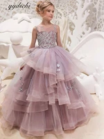 2022 tulle appliques flower girls dress princess ball gown birthday party girl dresses for weddings first communion dress