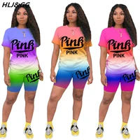 hljgg gradient pink letter print 2 piece sets women tracksuit short sleeve tshirt biker shorts sets female outfits matching