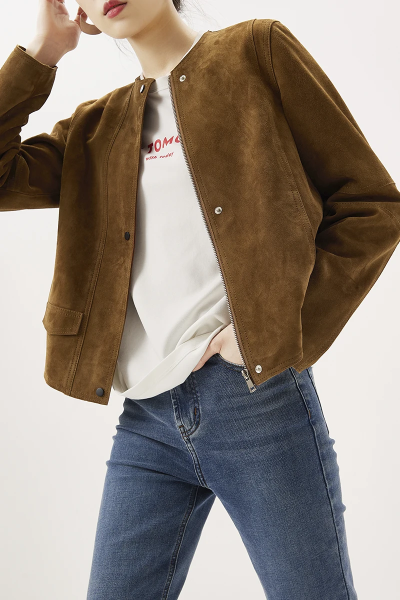 Fashion 2022 New American Retro  Kid Suede  Real Leather Jacket Women  Casaco Feminino Autumn/Winter Zipper Leather & Suede