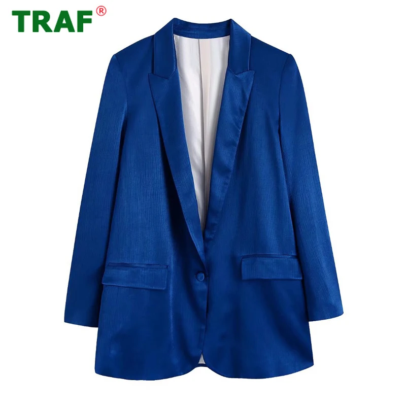 

TRAF 2022 Office Blazer Woman Blue Satin Jacket Women Outfit Creased Effect Office Female Blazers Long Sleeve Women Coat Suit
