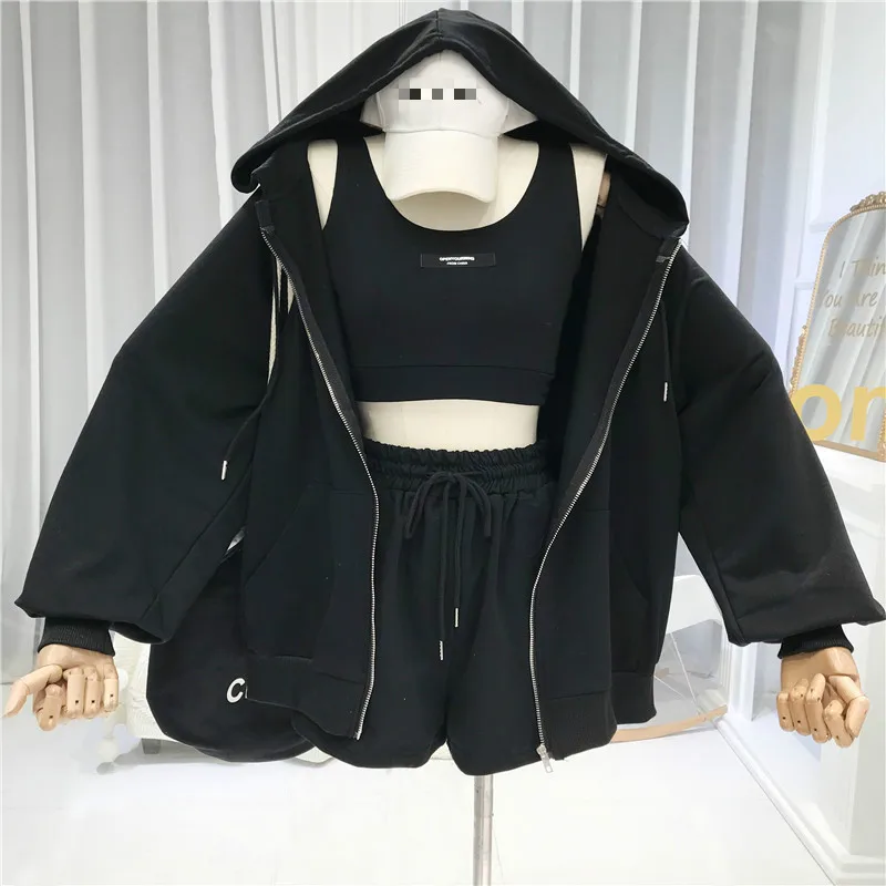 Nowsaa Sexy Letter Vest + Drawstring Shorts + Hooded Zipper Jacket Tracksuit Three-piece Set Casual All-match Suit Women 2022 images - 6