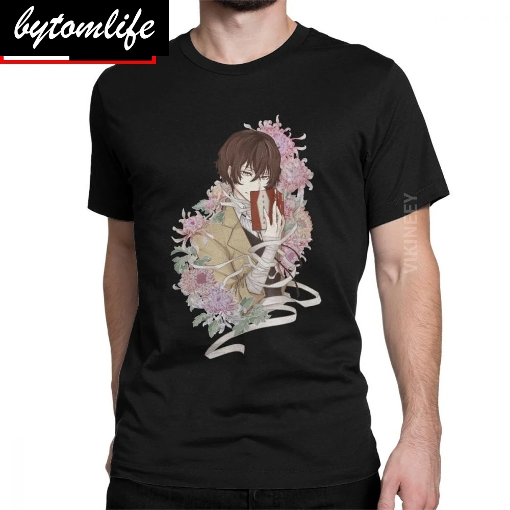 

Vintage Dazai Bungo Stray Dogs T-Shirt for Men Pure Cotton T Shirt Bungo Anime Bsd Manga Osamu Clothes