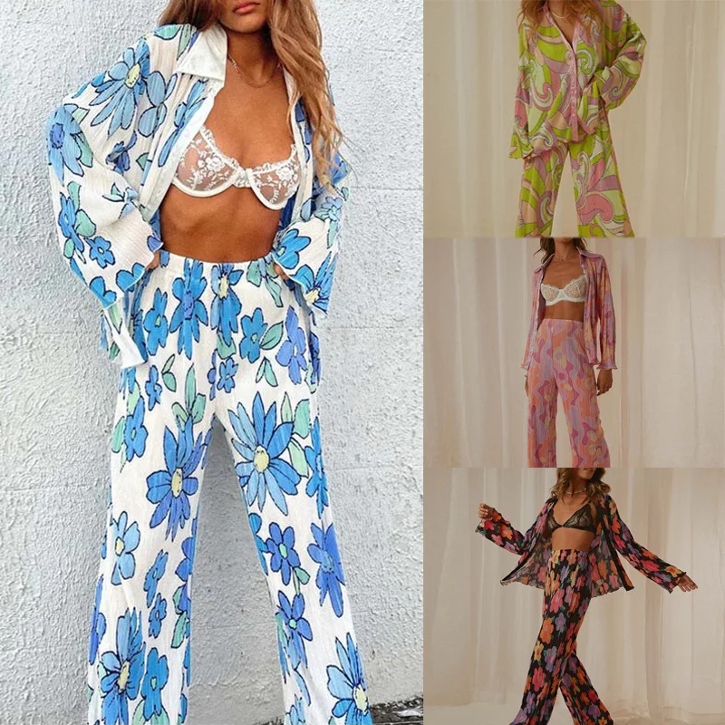 

New Fashion Pleated Print Lapel Long Sleeve Shirt Two-piece Suit for Women
