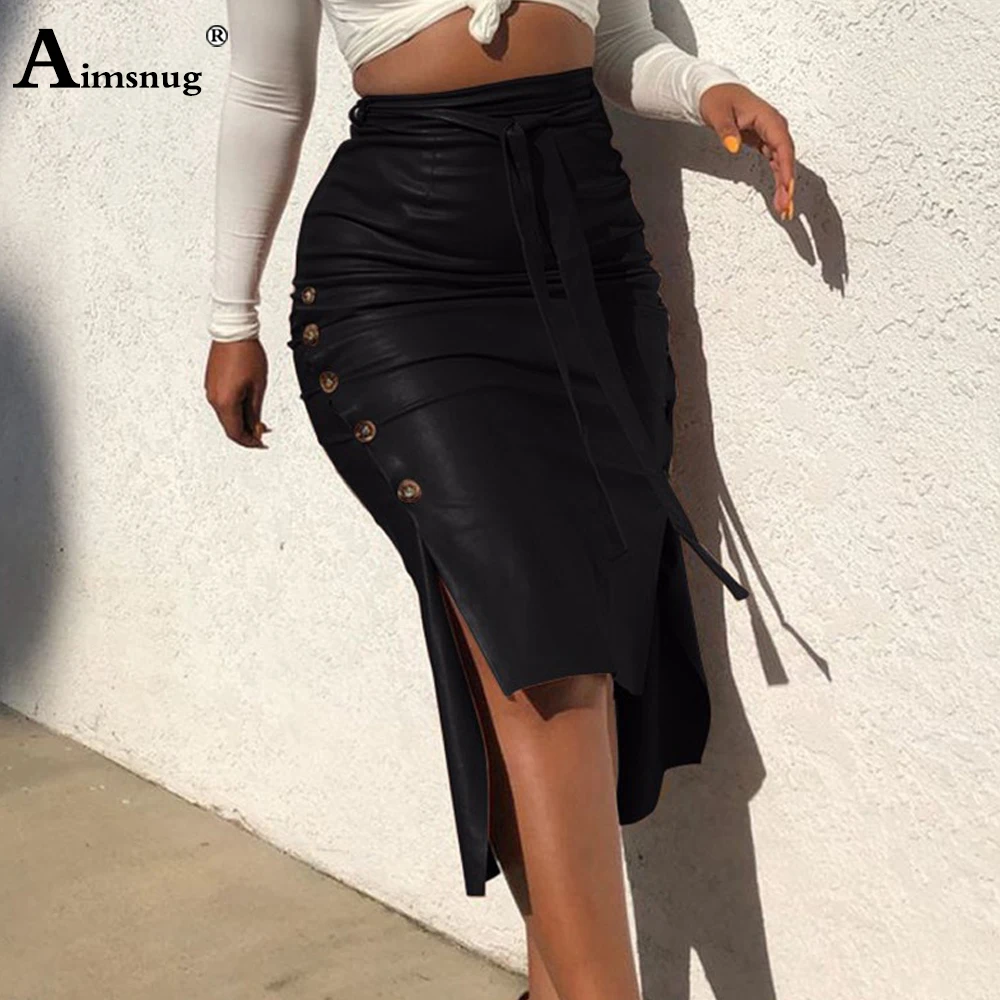 Aimsnug 2022 Autumn Pu Leather Skirt Women High Cut Bandage Mid-Calf Skirts Sexy Girls Dropped Waist Faux Leather Pencil Bodycon