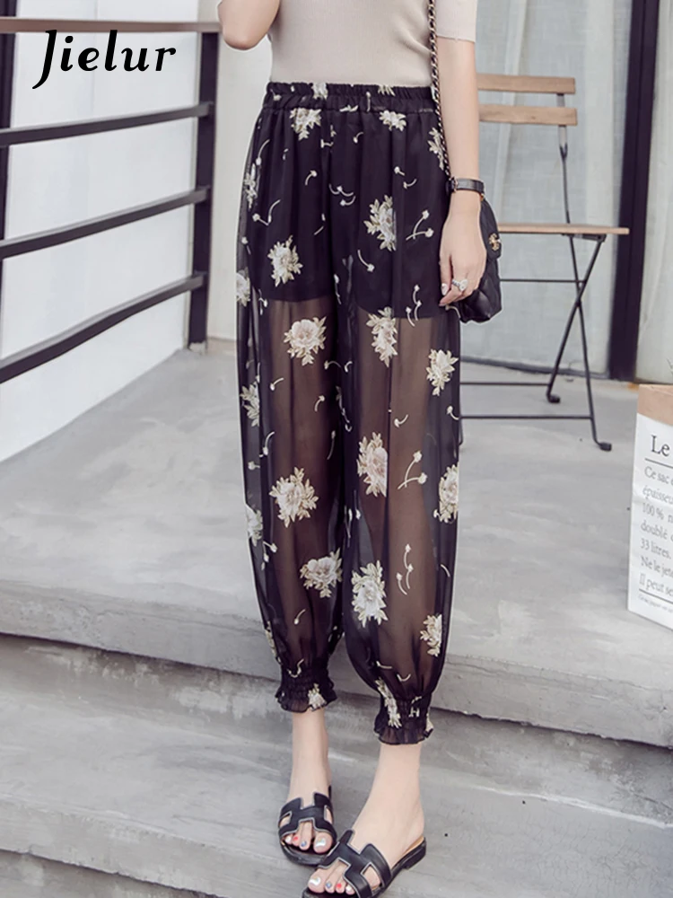 

Jielur Женские шифоновые брюки-Капри Новинка лета 2022 женские тонкие свободные повседневные черные брюки в Корейском стиле