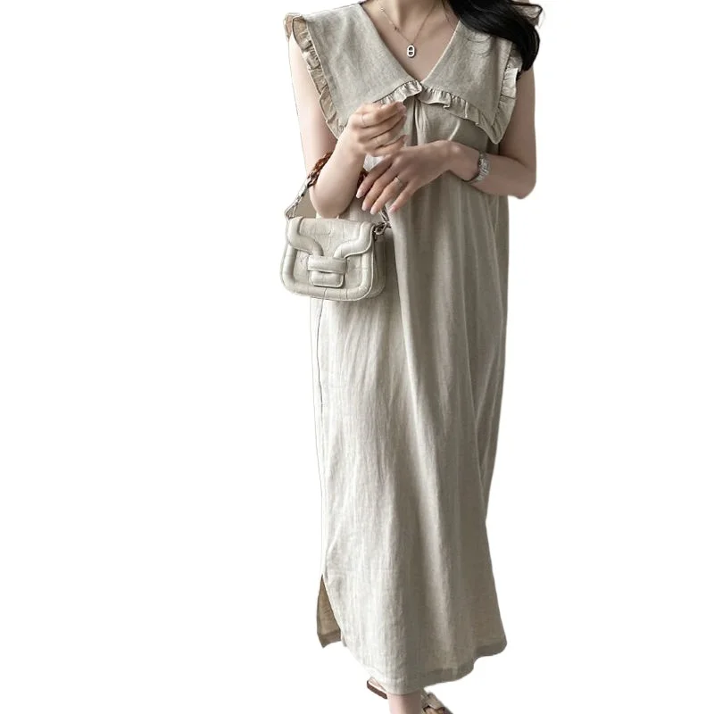 

loose doll collar shows thin and age reducing temperament Korean summer new sleeveless long skirt womenShort dresses women 2022
