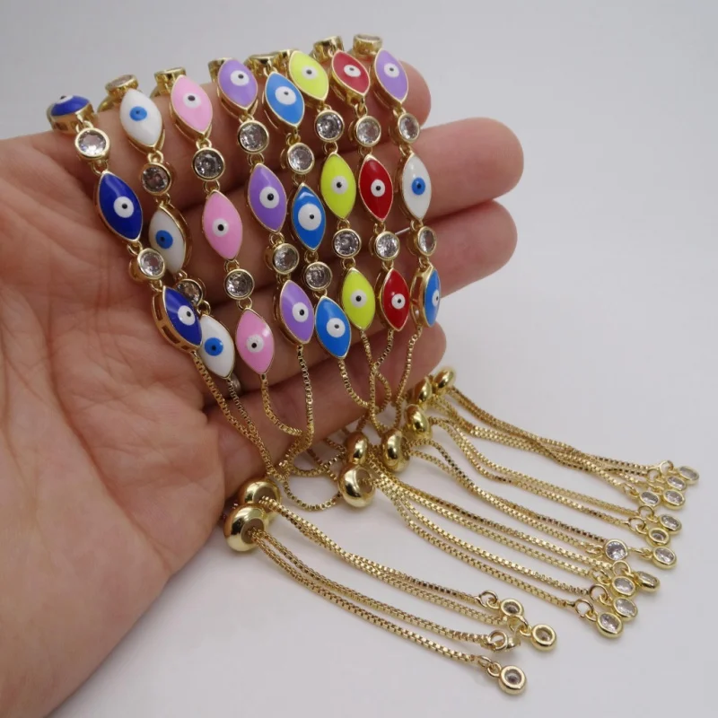 

Plated Golden Fatima Hand Bracelet with Eye Beaded Link Colored Turkish Eye Bracelet Fatima Hand Enameled Jewelry mano de hamsa