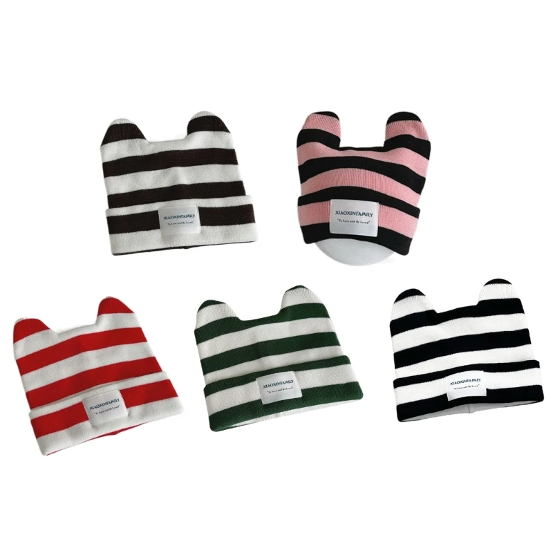

Baby Hat Striped Cat Ear Hat Elastic Knitted Soft Bonnet Cap Winter Hats D7WF