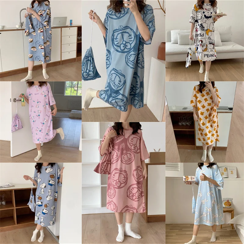 

2022 Spring Summer Snoopys Cartoon Cloth Bag Pajamas Anime Puppy Loose Nightdress Mid-Length Skirt Home Comfortable Accessories