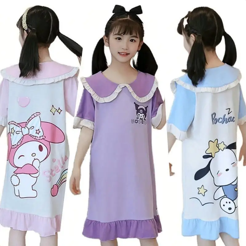 

Sanrios Kuromi Cinnamoroll My Melody Pochacco Cotton Short-Sleeved Ruffles Kids Nightdress Loose Comfortable Girl Dress Pajamas