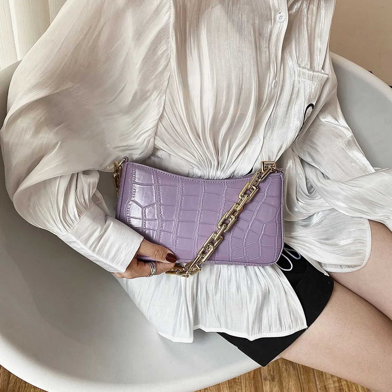 New Trend Stone Pattern PU Leather Armpit Bag For Women 2023 Solid Color Chain Shoulder Handbags Female Travel Fashion Hand Bag