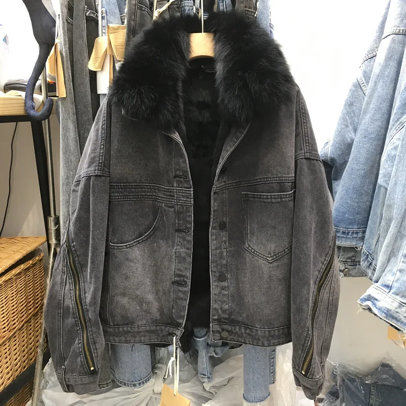 

Real Fox Fur Collar Denim Short Coat for Women 2022 New Winter Zipper Fleece Thickened Fur Jacket Female Long Sleeve Overcoat