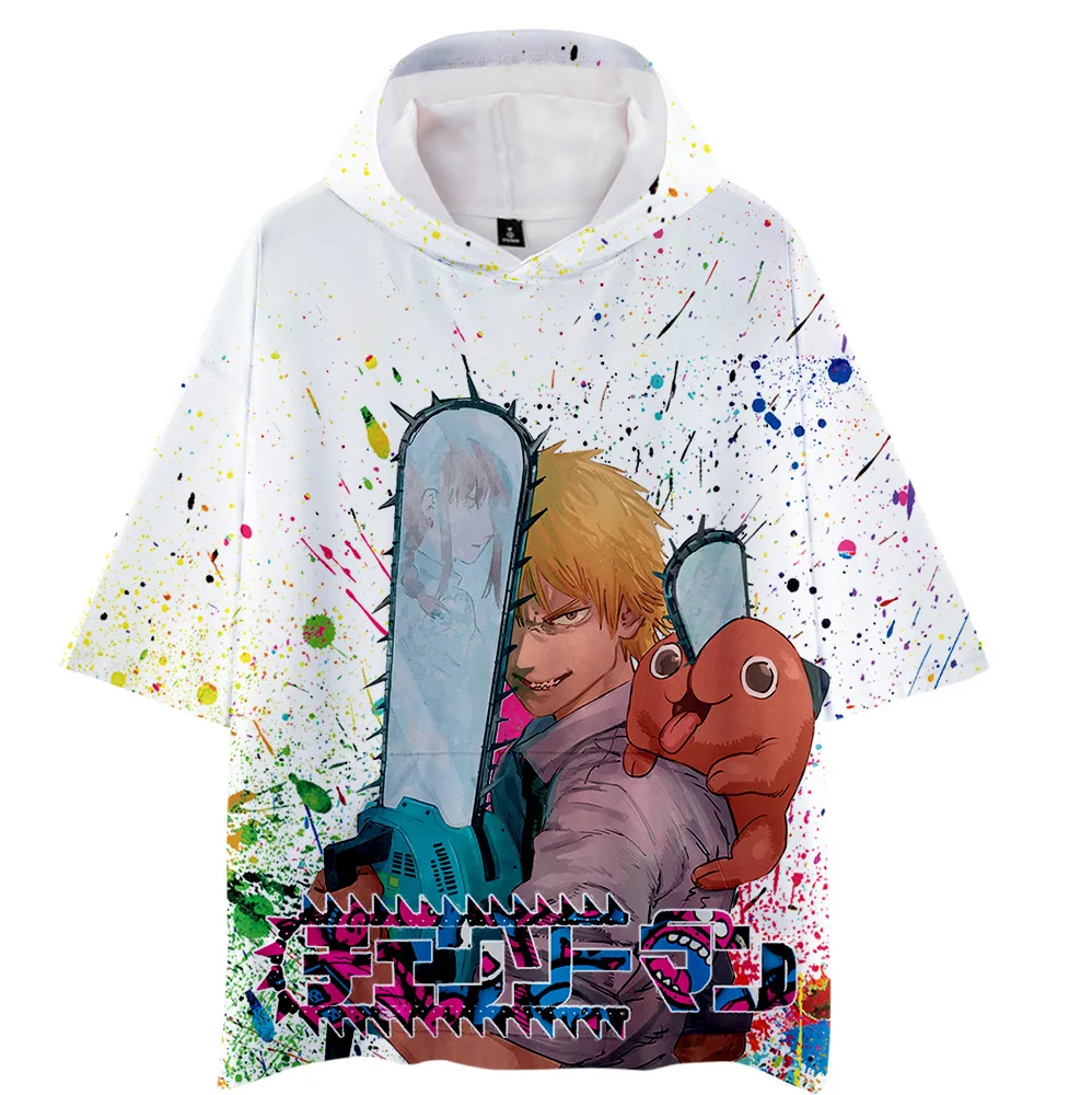 

Футболка с капюшоном в стиле Харадзюку для мальчиков и девочек, модная Повседневная рубашка с 3D-принтом аниме бензопилы, топы с коротким рук...
