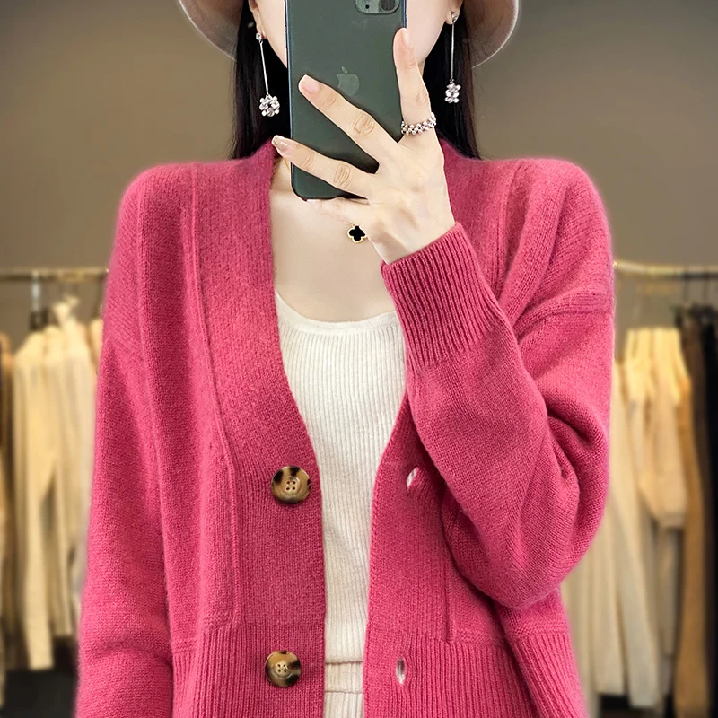 Женский вязаный кардиган с V-образным вырезом однотонный свободный свитер из