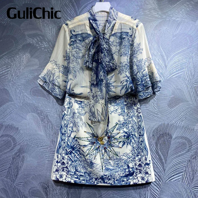 

5.15 GuliChic Women Vintage Print Bandage Bow Collar Flare Half Sleeve Blouse And High Waist Beading A-Line Skirt Set