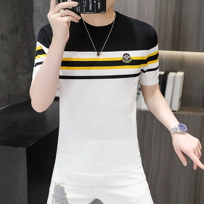 

Summer Striped T Shirt Men Short Sleeve Slim Casual T-Shirt Ice Silk Breathable Round Neck Tee Tops Business Social Clothing