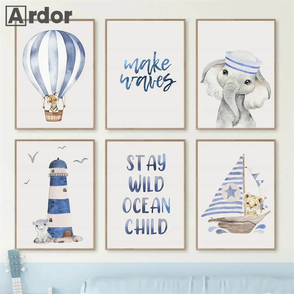 

Blue Lighthouse Hot Air Balloon Canvas Painting Elephant Poster Nursery Print Quotes Wall Art Nordic Posters Kids Room Decor