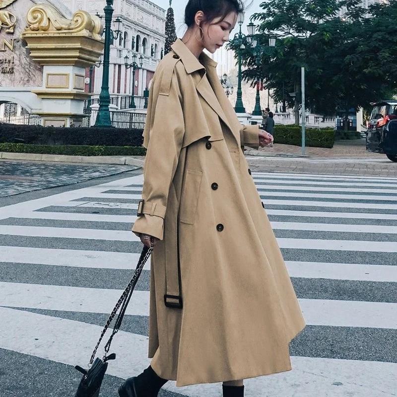 

2022 spring and autumn new Korean style fashionable mid-length khaki windbreaker loose over the knee British style coat women