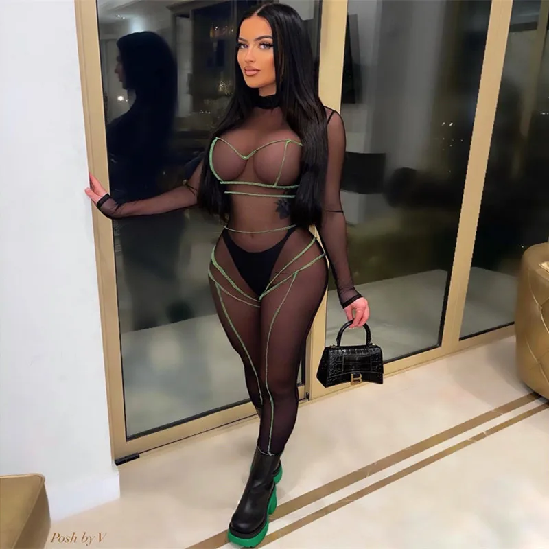 

Akaily Summer Sexy Black patchwork Bodycon Jumpsuit Women Long Sleeve Mesh One Piece Outfits Rompers Women Club Jumpsuits 2022