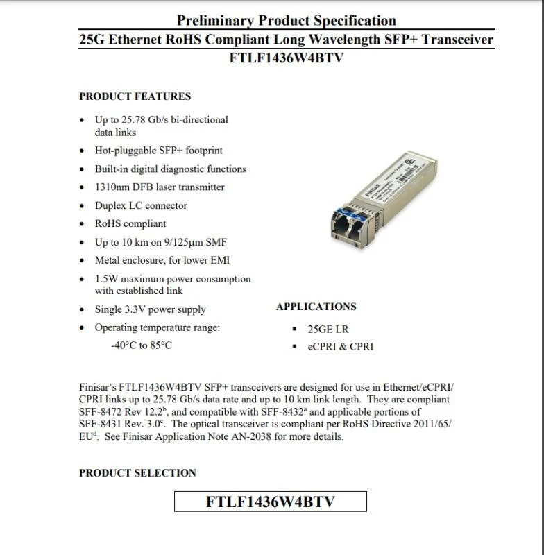 finisar fiber module SFP 25gb LR 10KM/FTLF1436W4BTV/-40°C to 85°C 25g Single-mode optical transceiver