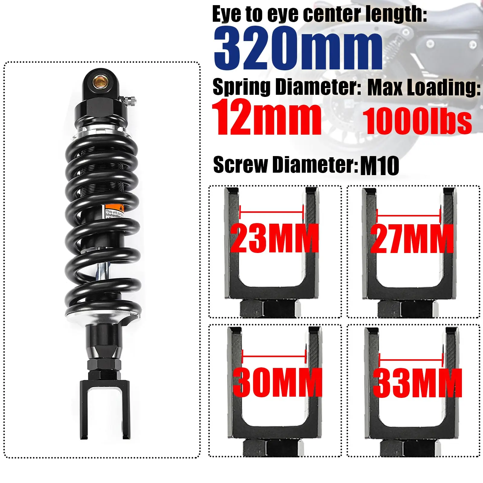 

320mm Spring 12mm Fork Head Strong Motorcycle Shock Absorber Rear Suspension Motor ATV Quad Falling protection 23 27 30 33 M10