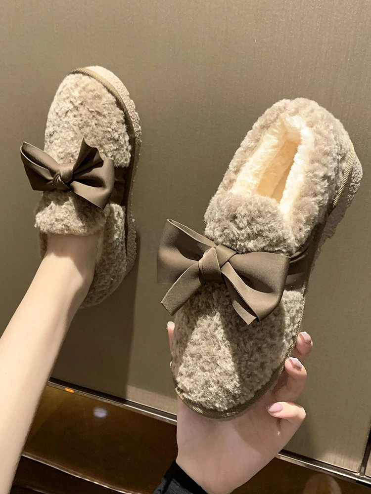 

Women Bow-Knot Autumn Casual Female Sneakers Loafers Fur Moccasin Shoes Round Toe Butterfly Fall New Moccasins Winter Flock Leis