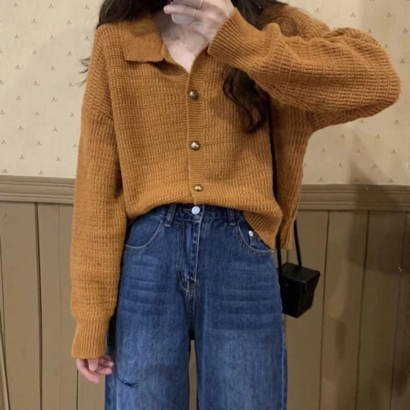 

Vintage Cropped Cardigan Women Turndown Collar Button Jacket Loose Sweater Coats Female Clothing 2023 Winter Crop Tops Knitwears