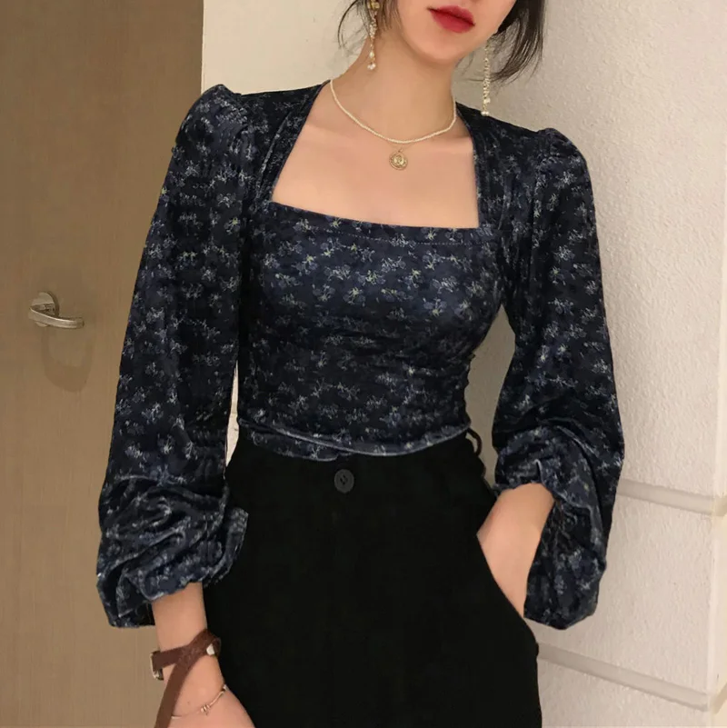 Купи Women Cottagecore Floral Blouse Long Sleeve Square Collar Chic Korean Shirt Female Slim Cropped Tops Outwear Blusas Fashion New за 742 рублей в магазине AliExpress