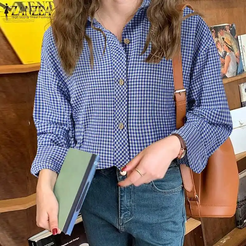 

2022 Fashion Women Blouse Spring Lapel Neck Long Sleeve Shirt ZANZEA Vintage Plaid Checked Tops Buttons Down Blusas Casual Tunic