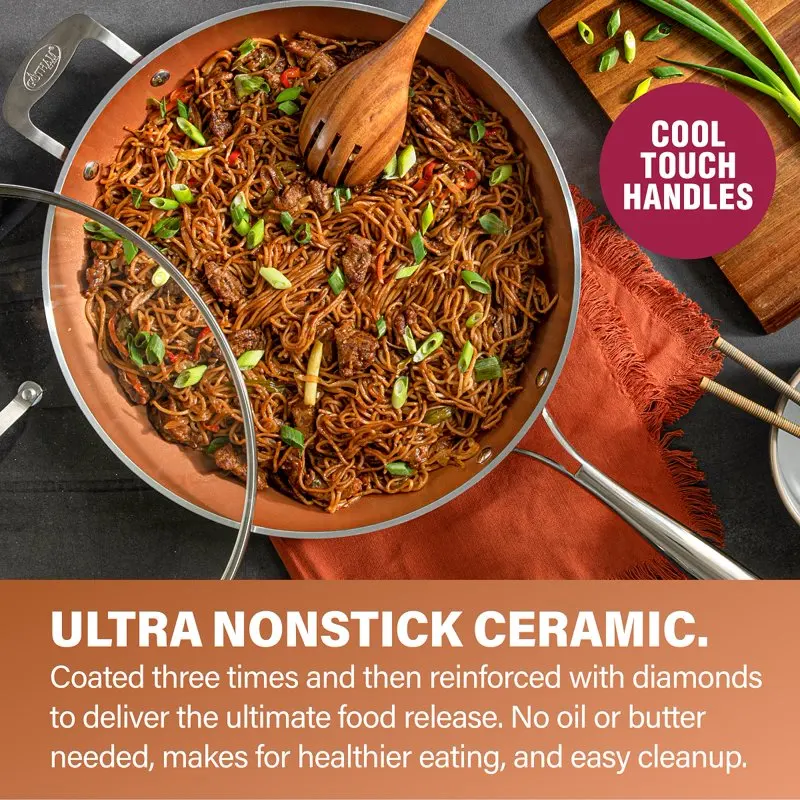 

"Premium 14" Non-Stick PFOA Free Frying Pan with Lid, Ceramic Cookware, Large Capacity Copper Skillet, Dishwasher Safe