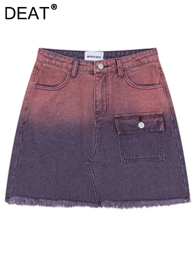 

DEAT Women's Denim Skirt High Waist Gradient Purple Burrs Do Old Cargo Wrap Hip Mini Skirts 2023 Summer American Retro 29L1607