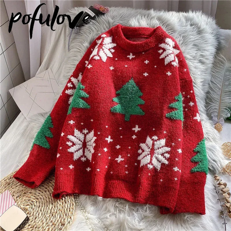 

Sweater Women Christmas Red Pullover Knitwear Korean Loose Fluffy Top Trending Sweater Autumn and Winter Lazy Wind Round Neck