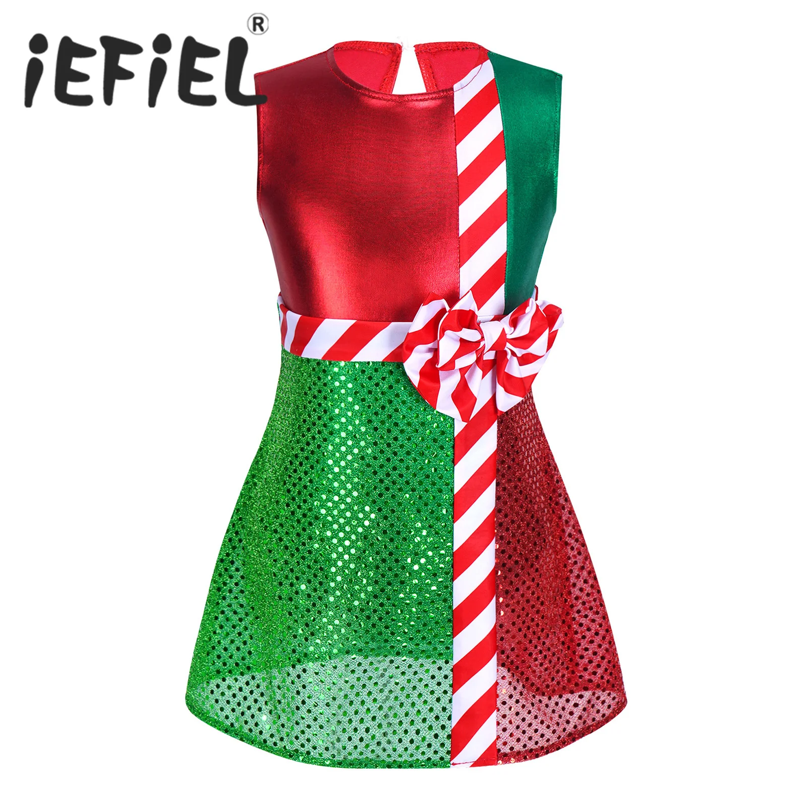 

Kids Girls Elf Christmas Costume Striped Sleeveless Dance Leotard Dress Xmas Cosplay Party New Year Clothes Stage Performance