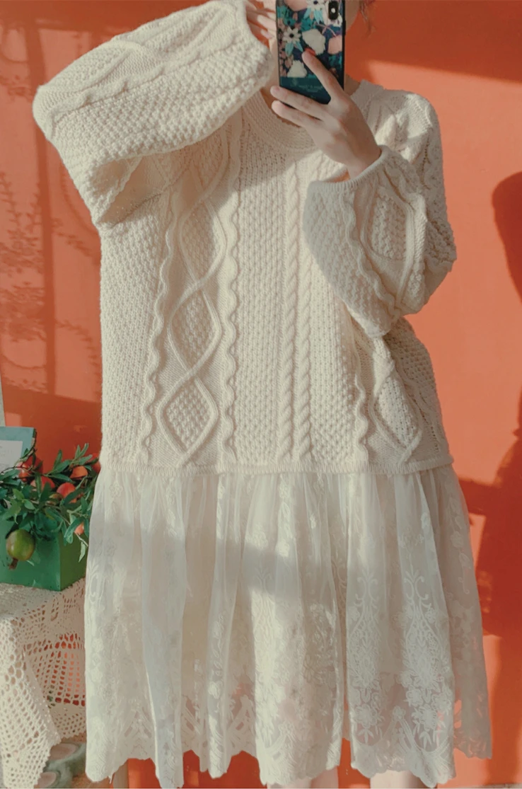 AIGYPTOS Fall Winter Knitted Sweater Dress Women KoreanFashion Elegant Sweet Lace Long Knitted Dress Casual Oversized Midi Dress
