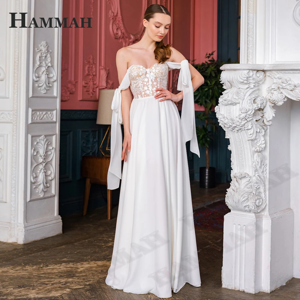 

HAMMAH Simple Wedding Dresses For Women Appliques Cap Sleeve Vestidos De Novia Floor Length Sweetheart Illusion A Line