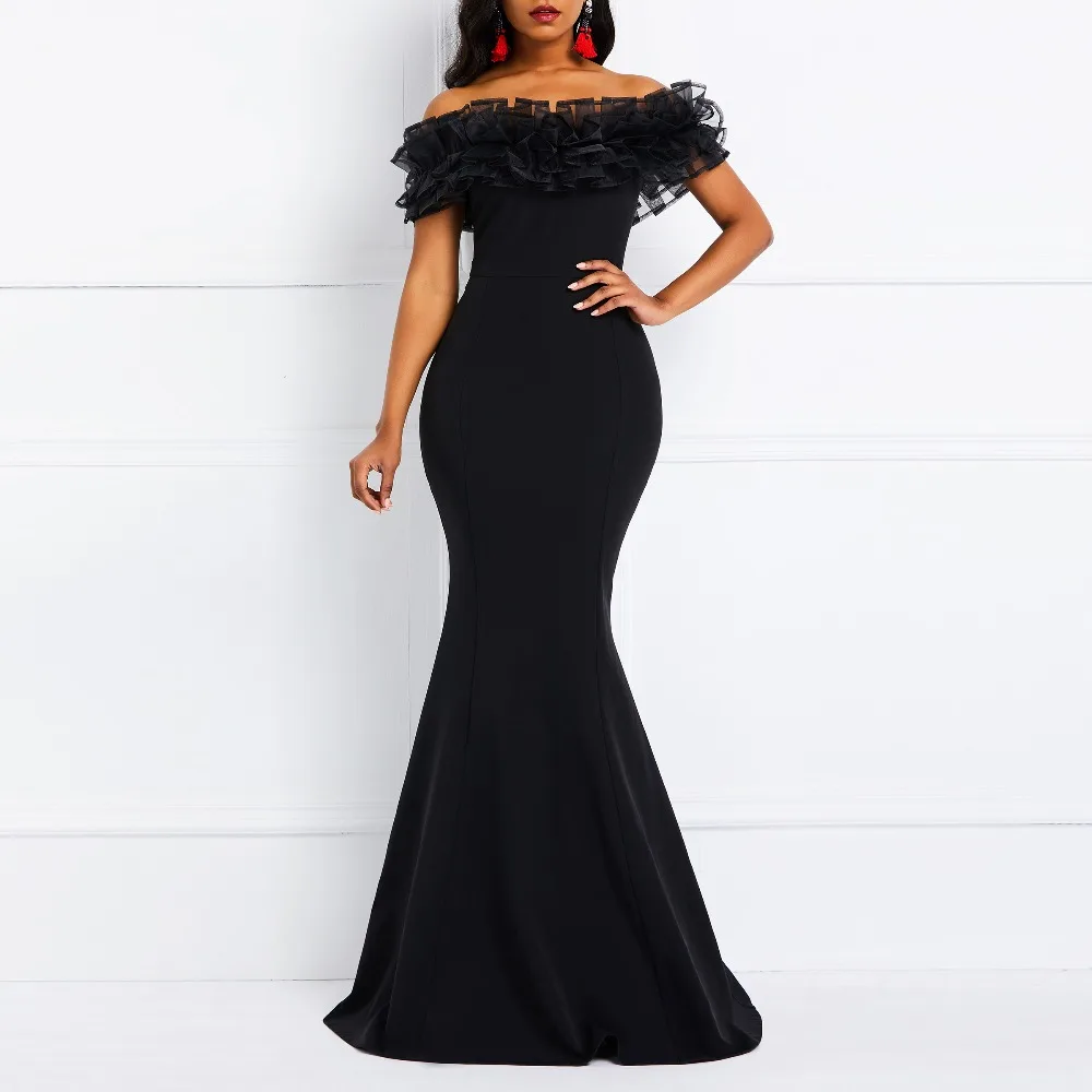

Женское платье с открытыми плечами и оборками, элегантное вечернее Черное Платье макси с вырезом лодочкой и юбкой-годе, лето 2021