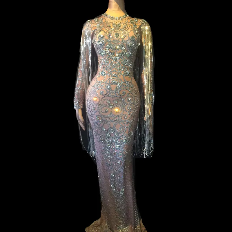 

Crystals Long Tassel Party Bodycon Women Long Sleeves Prom Wedding Floor Length Rhinestone Dress Singer
