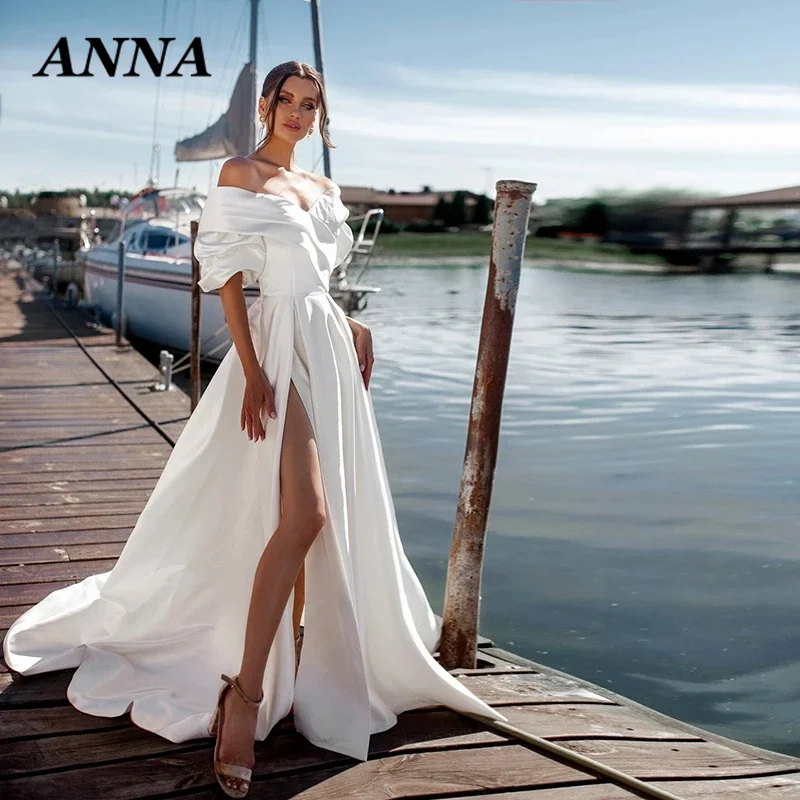 

Anna Beauty Wedding Dress 2022 Elegant Off Shoulder Sweetheart Satin Sweep Train Vestido De Novia with Split Custom Made