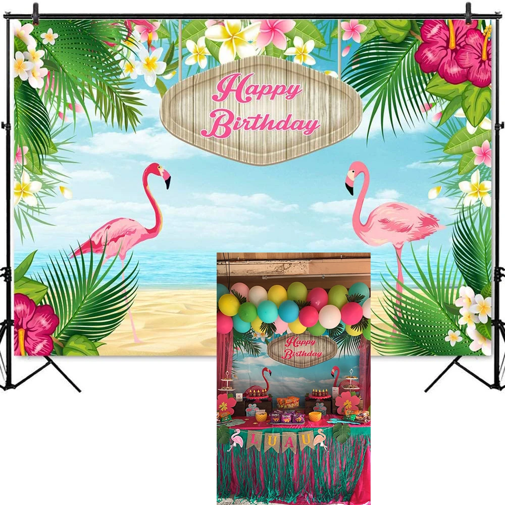 

Flamingo Birthday Party Backdrop Decoration 7x5ft Vinyl Hawaiian Tropical Beach Aloha Party Dessert Table Photo Booth Background