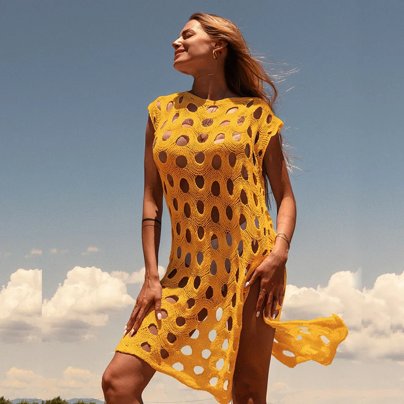 

Новинка 2023, вязаный Большой пуловер с вырезами, Слитная накидка, праздничная пляжная одежда для отдыха, накидка для бикини, Женская сексуальная одежда в стиле бохо