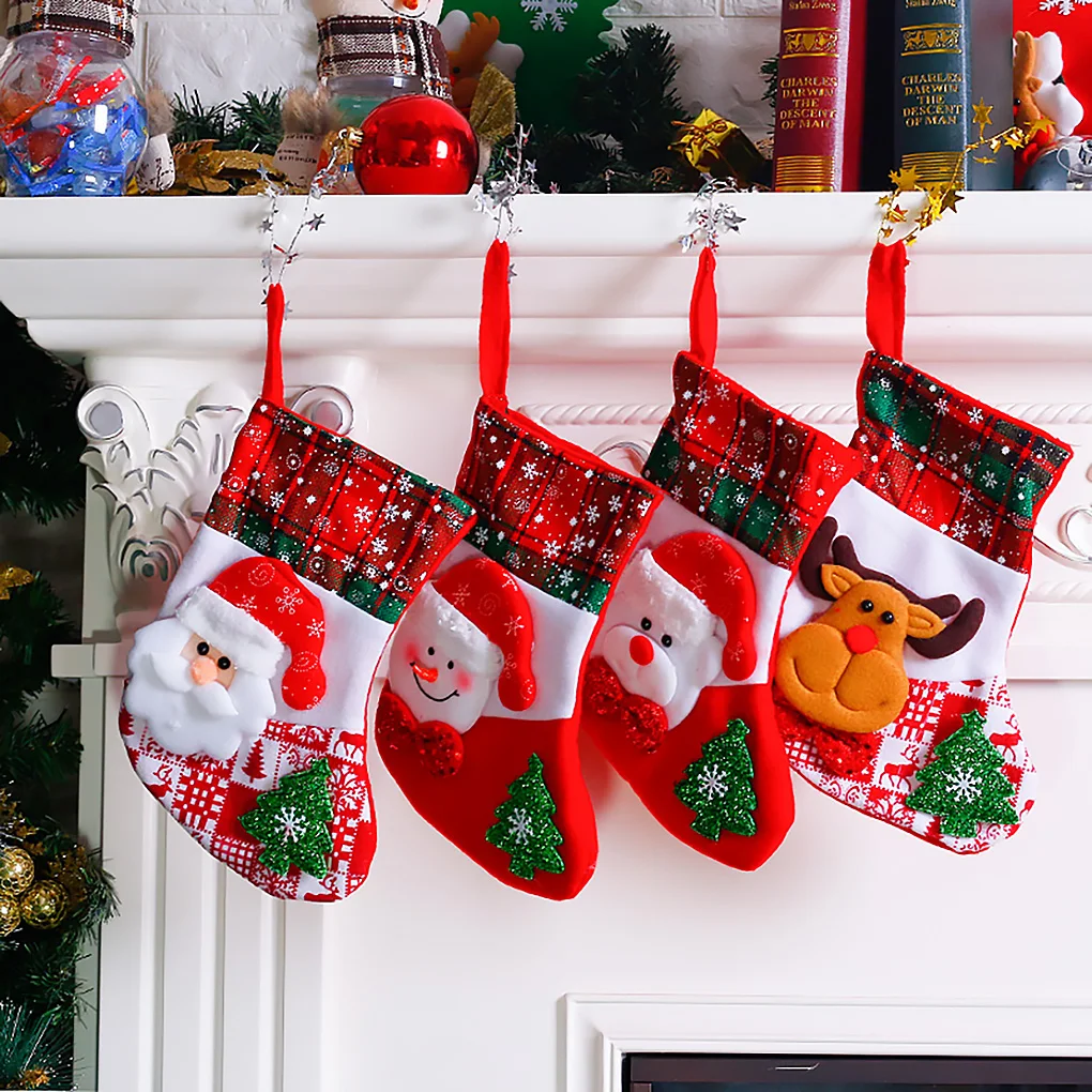 

4pcs Christmas Stocking Socks Fireplace Hanging Ornament Gift Bag Socks Holiday Decoration