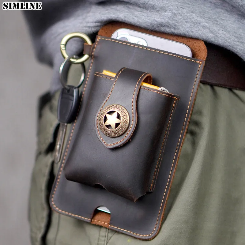 100% Genuine Leather Waist Cellphone Bag For Men Vintage Small Outdoor Loop Belt Phone Holster Pouch Holder With Cigarette Case