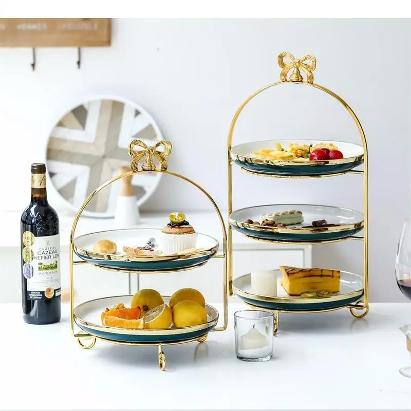 

Nordic Simple Gold Double Layer Three Floors Banquet Table Fruit Tray Afternoon Tea Snack Dessert Cake Stand Exhibition Hall