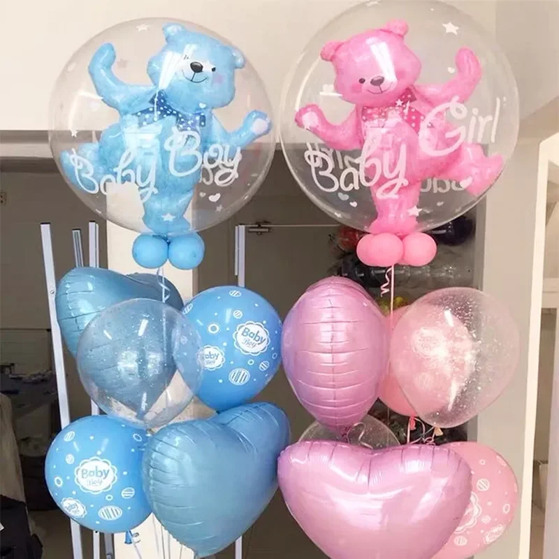 

4D Transparent Baby Shower Boy Girl Bear Bubble Ball Kids 1st Birthday Party Blue Pink Helium Balloon Gender Reveal Decoration
